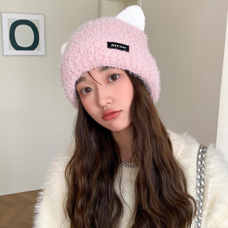 New Autumn and Winter Cute Cat Ear Knitted Hat for Women In Winter Warm Ear Protection Wool Hat Showing Face Small Pullover Hat Trendy