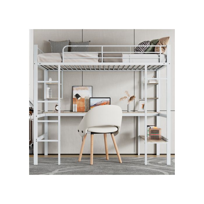 90x200cm Cadre de lit Lit en métal, lit haut avec quatre petites étagères et une grande bibliothèque, blanc