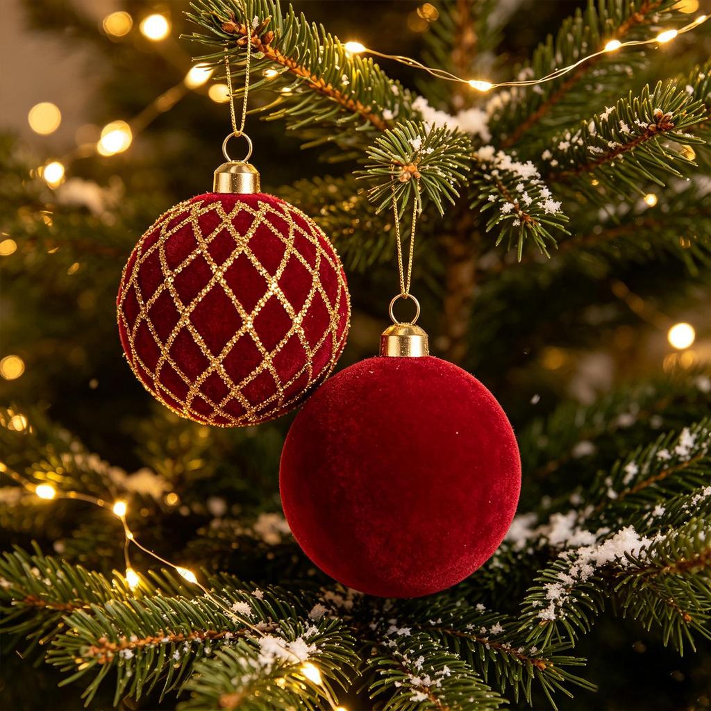 6cm Burgundy Flocked Christmas Baubles with Gold Glitter, 48Pcs Gift Box, 4 Patterns Xmas Tree Hanging Ornaments