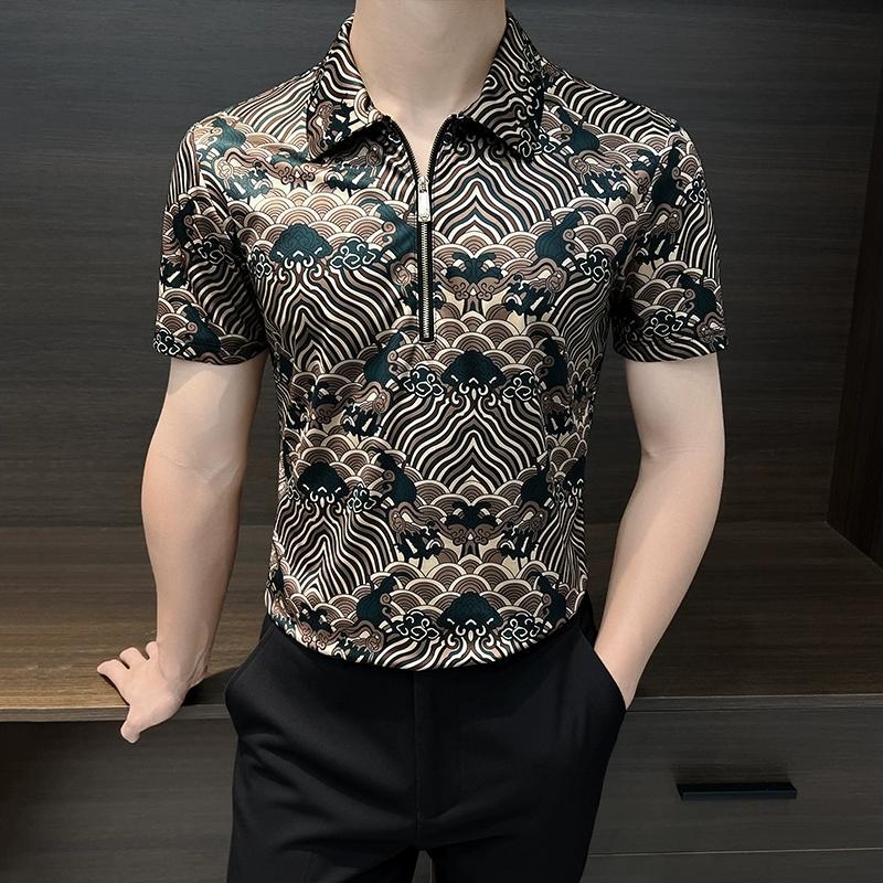 

2025 New Men s Polo Shirt Short Sleeve Cloud Print Turn-down Collar T-shirt Middle-aged Casual Tee Top 4XL зелений