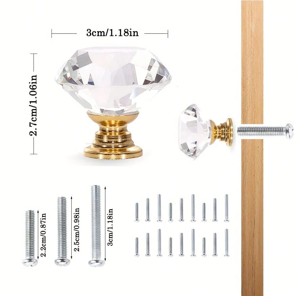 5/10 Stück 30MM Kristallklare Glas Kommodenknöpfe, Goldfarbene Imitations-Diamant Schubladenknöpfe, Griffe, Küchenschrankknöpfe für Kommodenschubladen