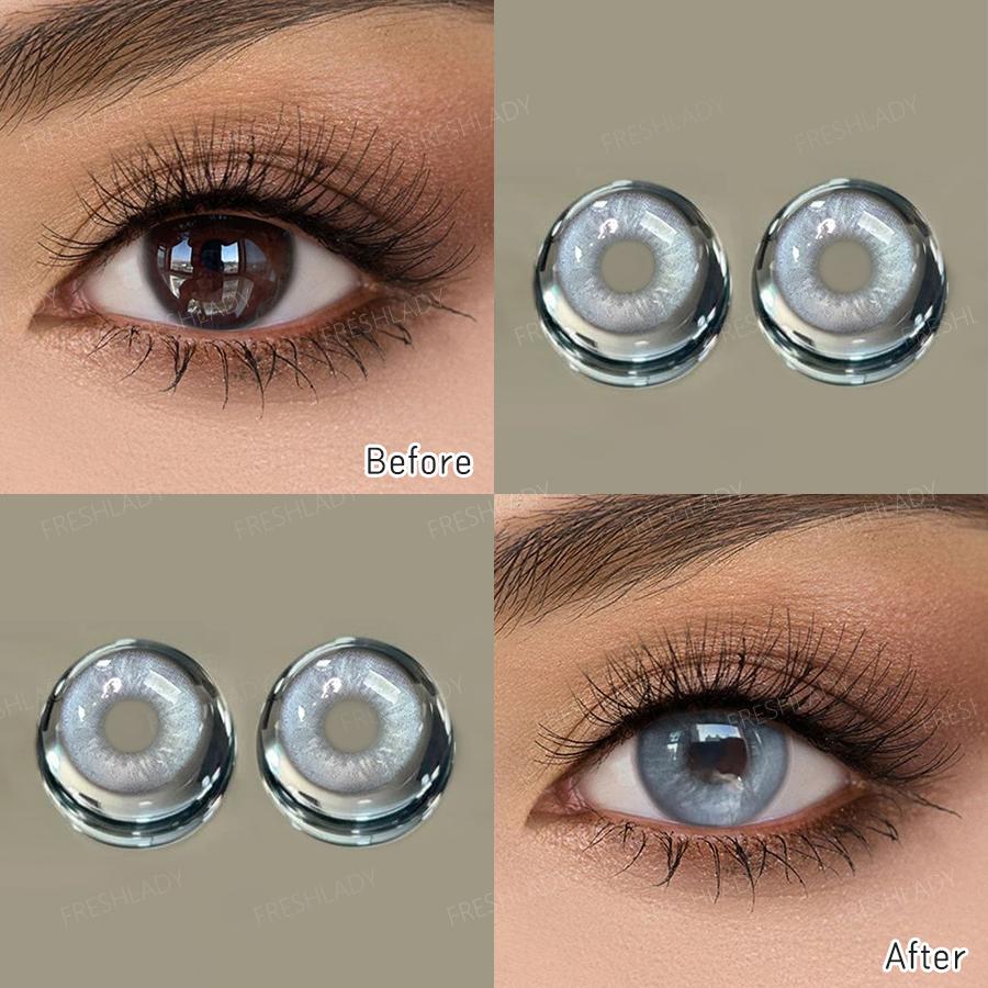 Freshlady 1 Pair 2pc 14.20mm Yearly Disposable Colored Contact Lenses, Comfortable Soft Lenses in Green, Blue, Gray, Silver-Gray for Makeup