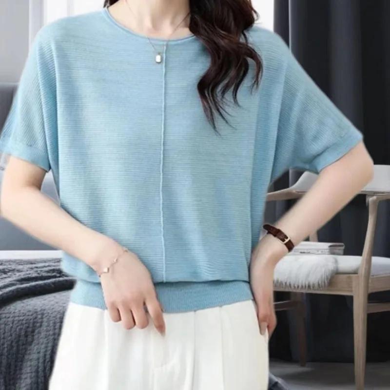 Women's Light Green Crew Neck Knit Top Short Sleeve Batwing Sleeve Casual Loose Blouse