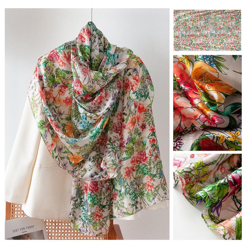 Summer Mulberry Silk Scarf Long High-end Silk Scarf Mother Style Blue Architectural Print Thin Gauze Scarf for Women