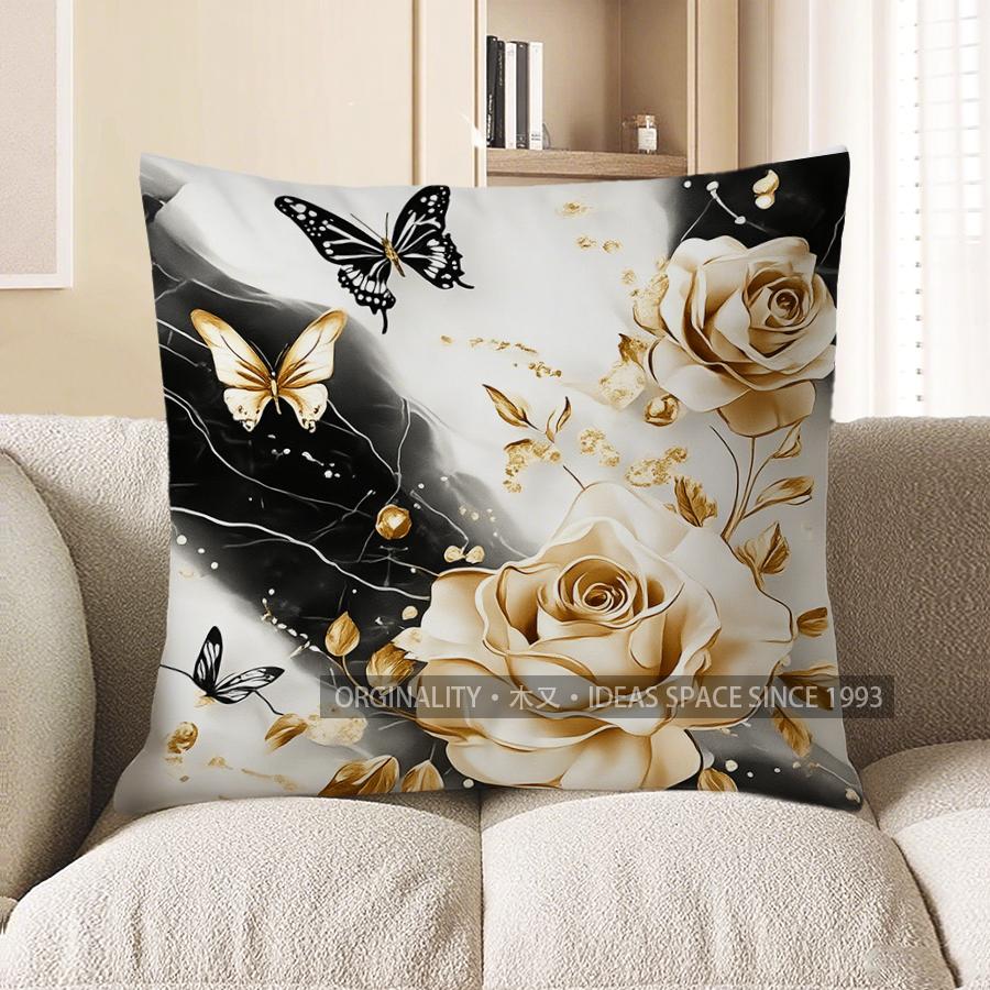 

Home Decor Marble Pattern With Rose & Butterfly Pillow Pattern Cushion Cover Suitable For Sofa Bedroom Car Pillow Cover 40x40cm