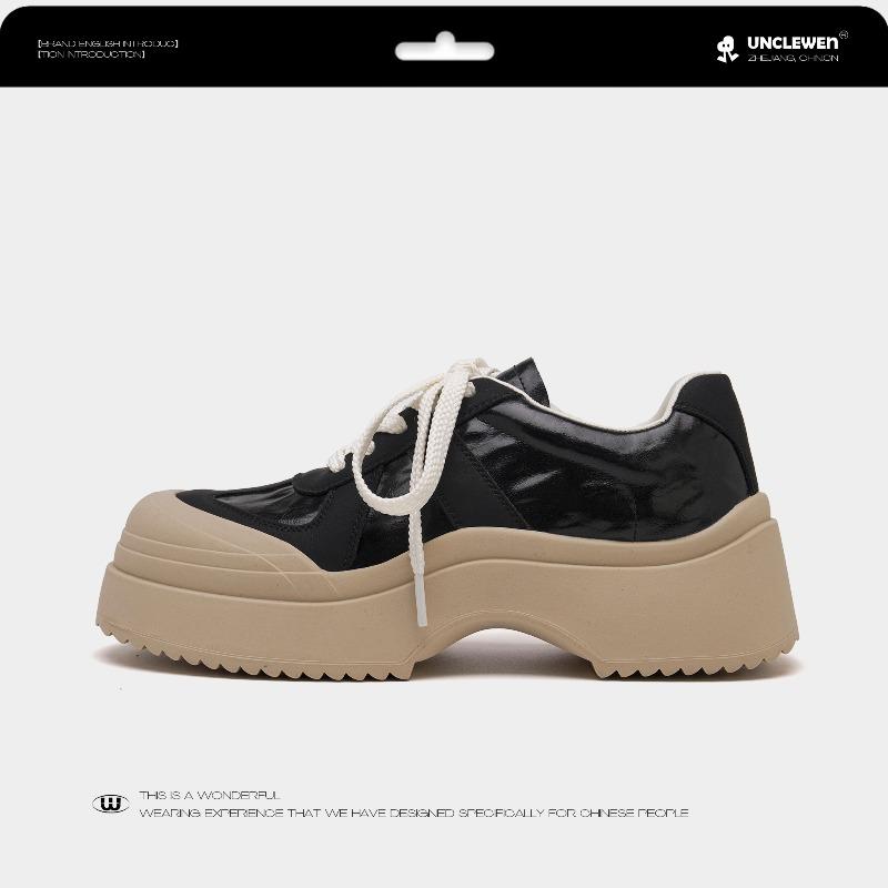 Leather muffin platform casual shoes women's autumn new trendy sports heightening lace-up versatile white shoes