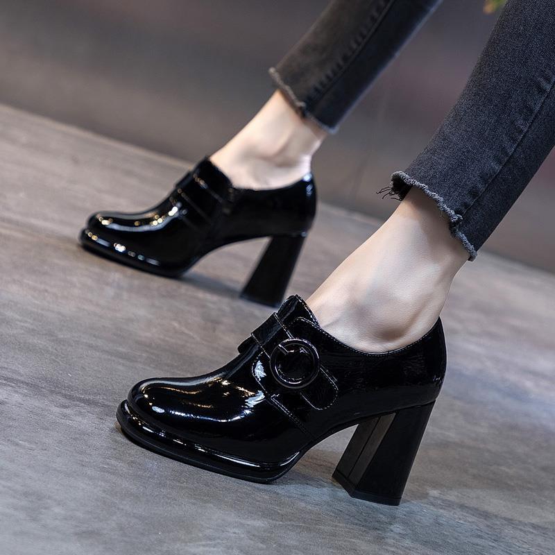 Fashion Block Heel Platform Pumps Women Autumn Shoes 2024 Fall High Heels Shoes Ladies Spring Side Zip Deep Mouth Patent Leather Shoe