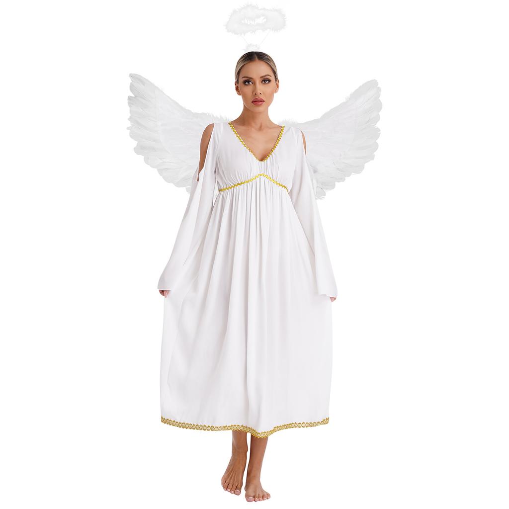 Dámský halloweenský kostým anděla Výstřih do V Odhalená ramena Zvonové rukávy Empírový střih Zlatá vlnitá lemovka Volné šifonové šaty