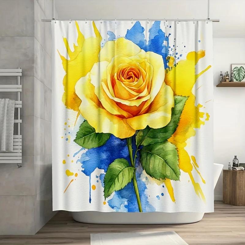

1 шт. Ярко-желтая роза Шторка для душа - Акварельный дизайн, 71x71 дюйм, Полиэстер, 12 крючков, Современный декор для ванной W90xH180cm