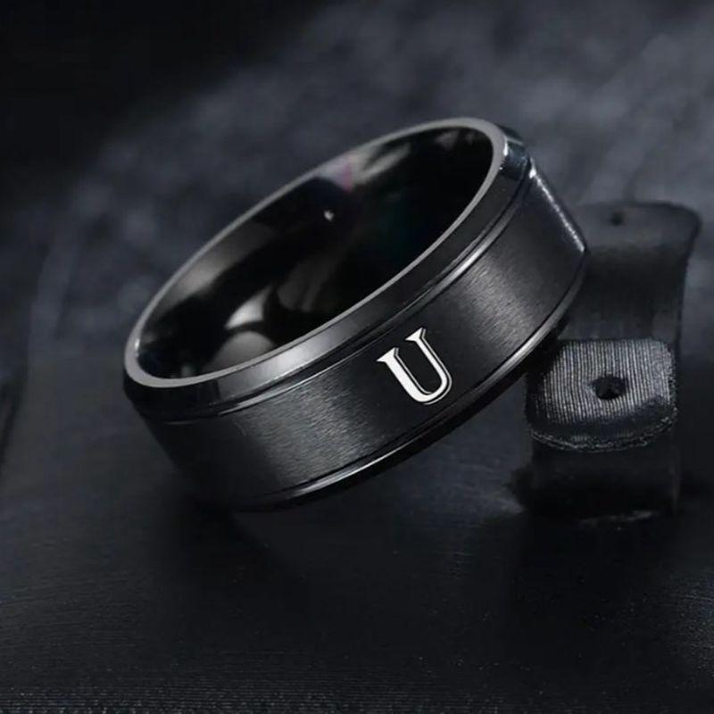 1pc Fashion 26 English Letters Ring With Double Beveled Edges, Men's Stainless Steel Ring