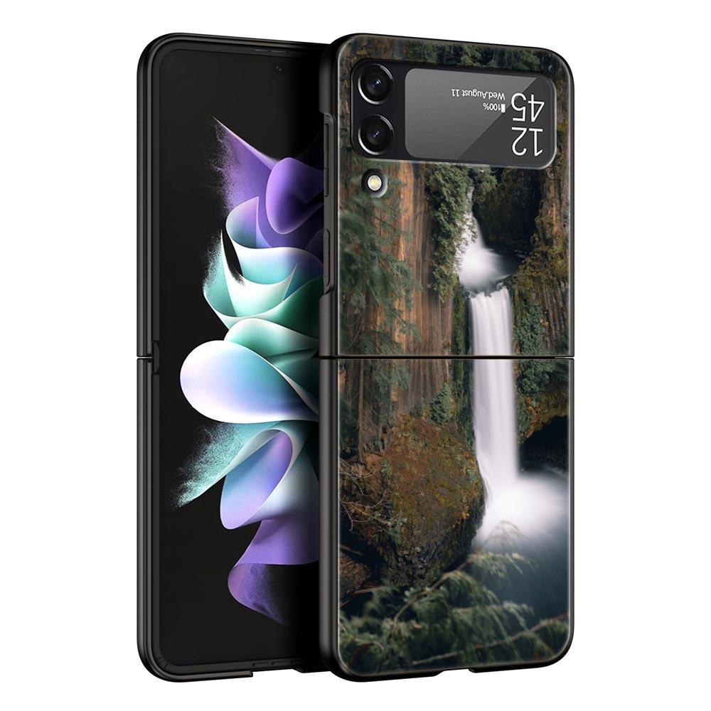 Z Flip 4 Phone Case for Samsung Galaxy Z Flip 3 5G ZFlip3 Flip3 Zflip Flip4 Black Hard Cover Waterfall Nature Trees Ship Shell