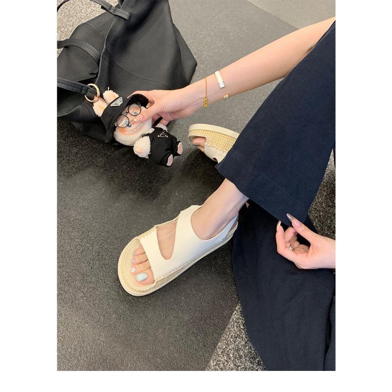 

~ Fashion style open-toed casual versatile one-word buckle with straw sandals women s summer 34 белый