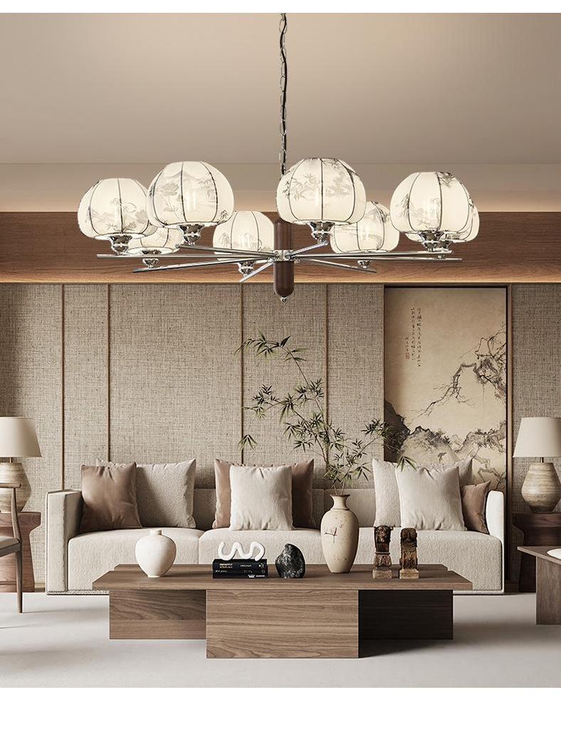 Song Dynasty-Style Chandelier: Retro Nanyang Design with Fabric and Walnut Wood for Living Room, Bedroom, or Dining Room