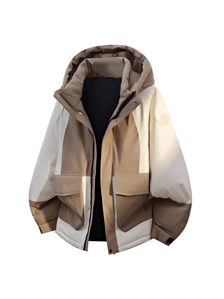 Trendy Hooded Patchwork Down Jacket for Couples: Autumn/Winter, Two-Way Zipper, 90% White Duck Down, Fashion Forward