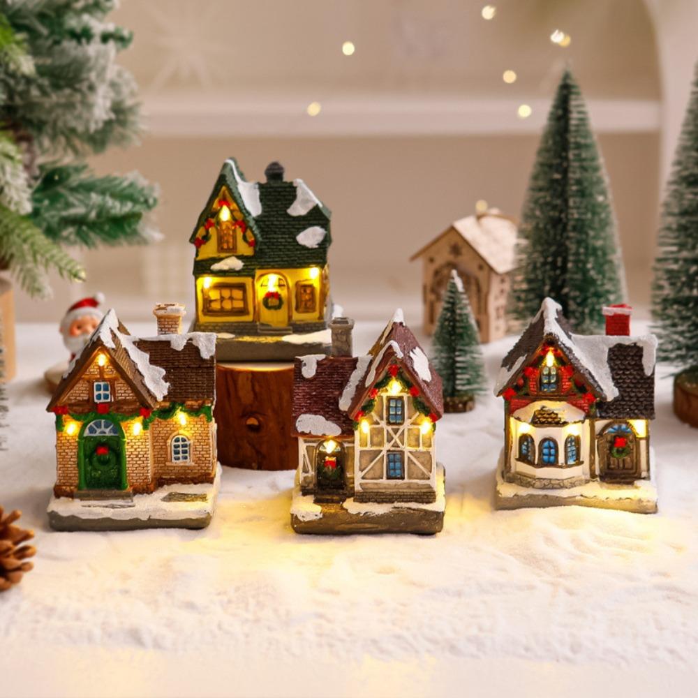 LED Resin Christmas House Snow Village Miniature Light-Up Decor Xmas Glow Gift New  Decoration Christmas Thanksgiving Gifts