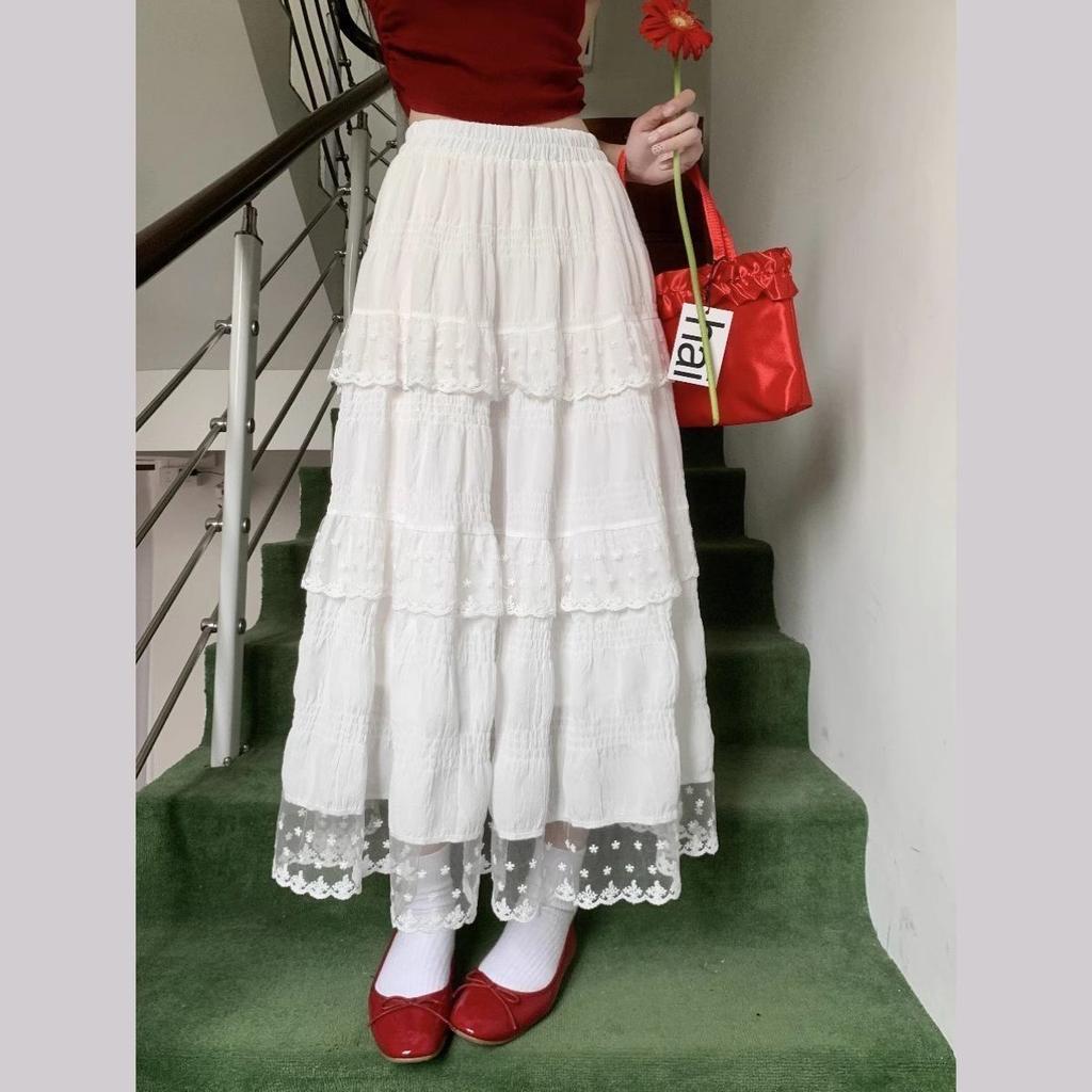 Fransk spetskant Vår/Sommar Midikjol - Hög midja Söt Vit Volangkjol Långkjol