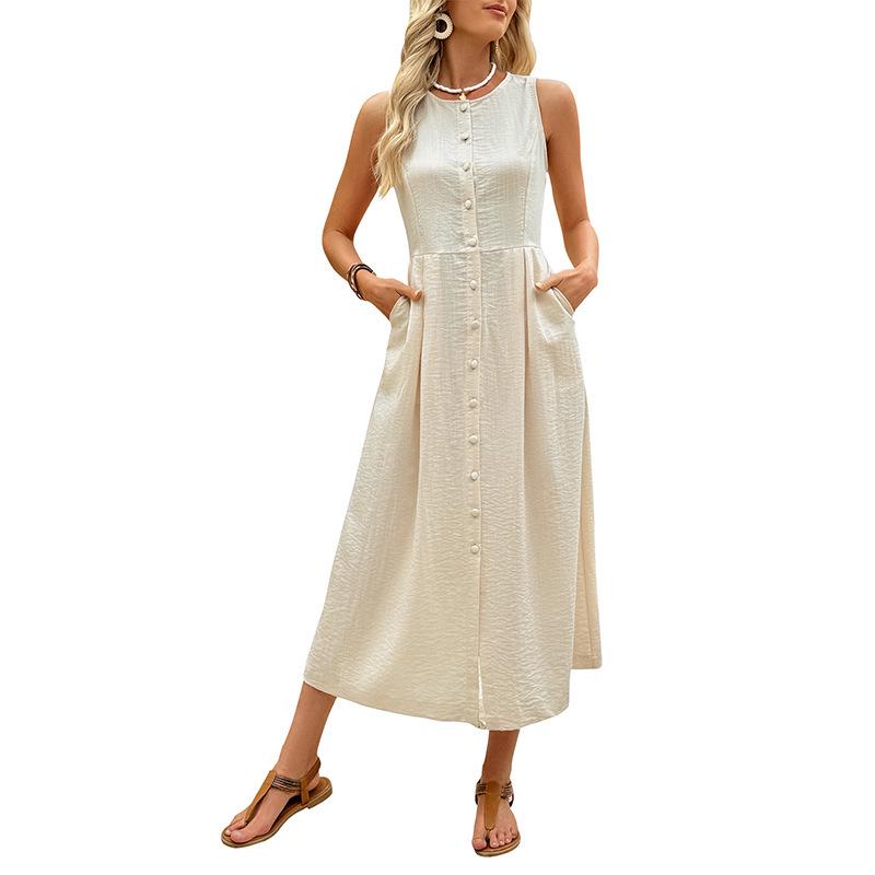 2026 Summer Sleeveless Round Neck Solid Color Elegant Women's Dress