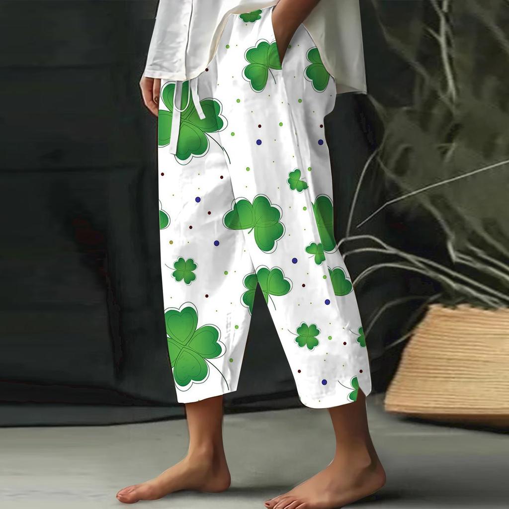 Pantalon large taille haute décontracté pour femme. Pantalon décontracté ample à lacets et taille élastique imprimé Patrick