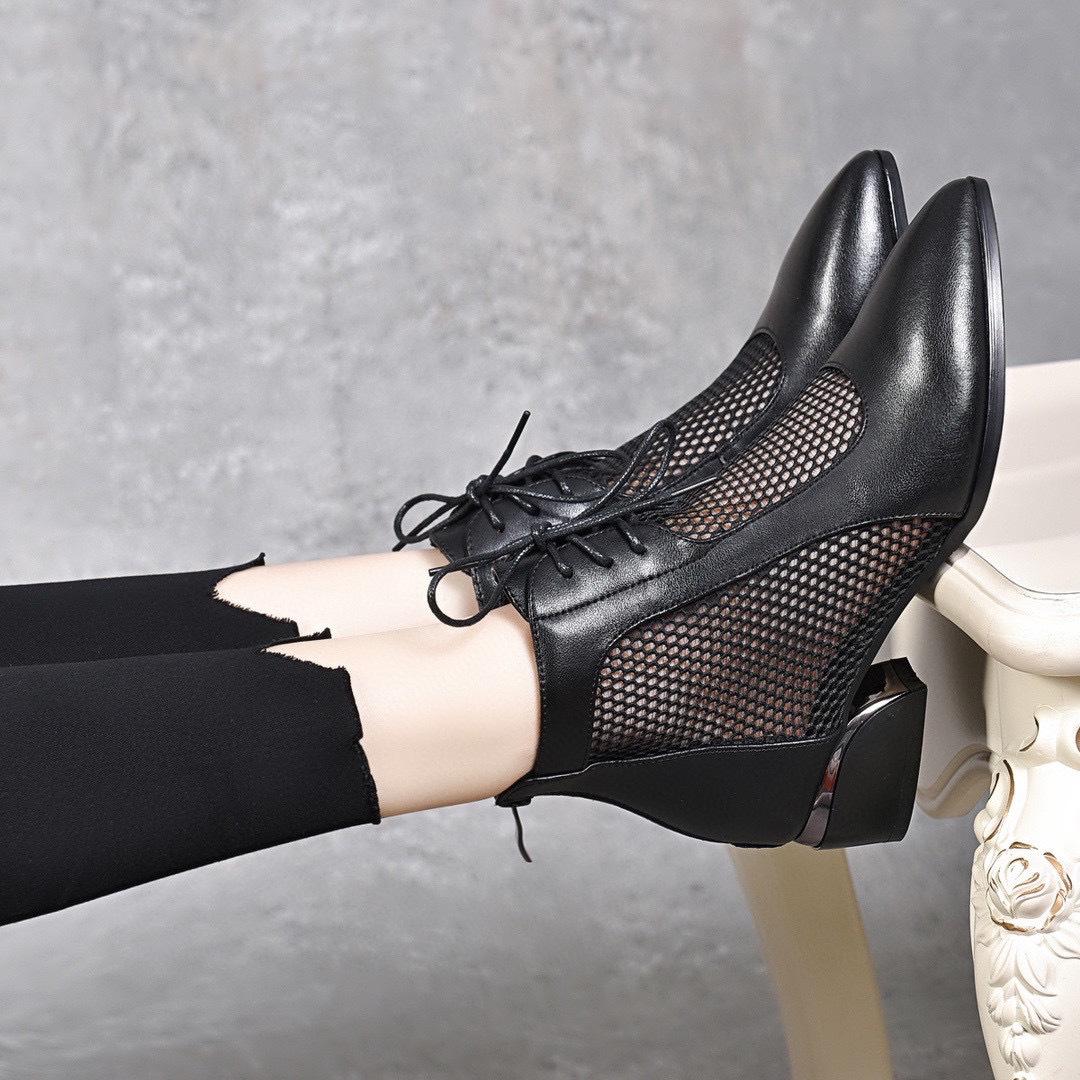 

Туфли с острым толстым каблуком и сеткой, женские, весна-лето 2024, новые, в европейском и американском стиле, на шнуровке, две высокие модные туфли, полые римские туфли 34