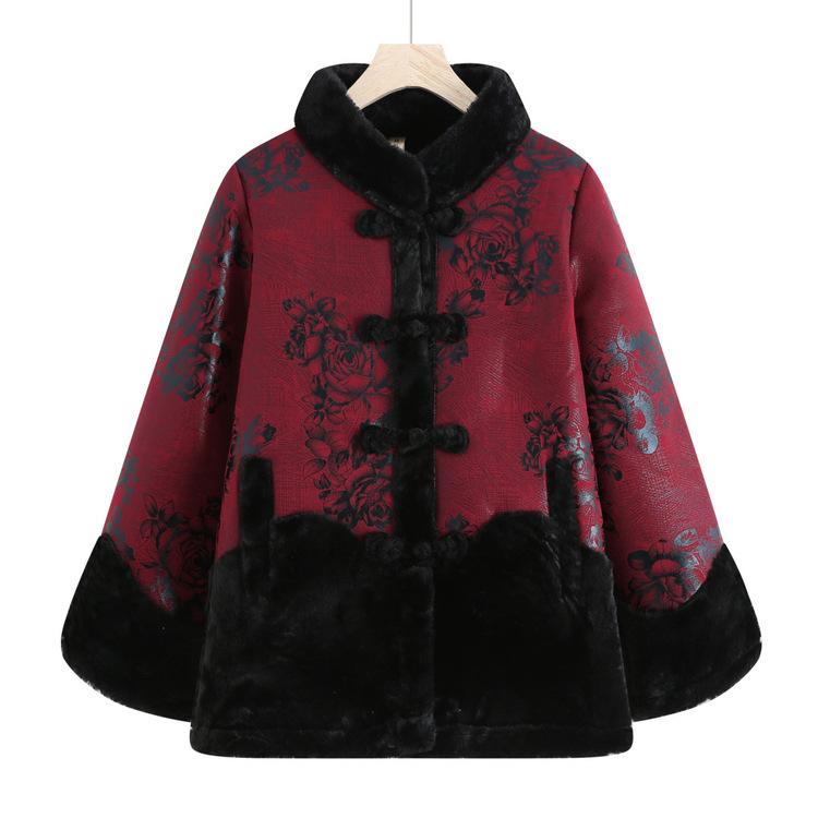 Mother Plus Velvet Fashion Coat Autumn and Winter Middle-aged and Elderly Thickened National Wind Coat Old Grandma Winter Clothes New