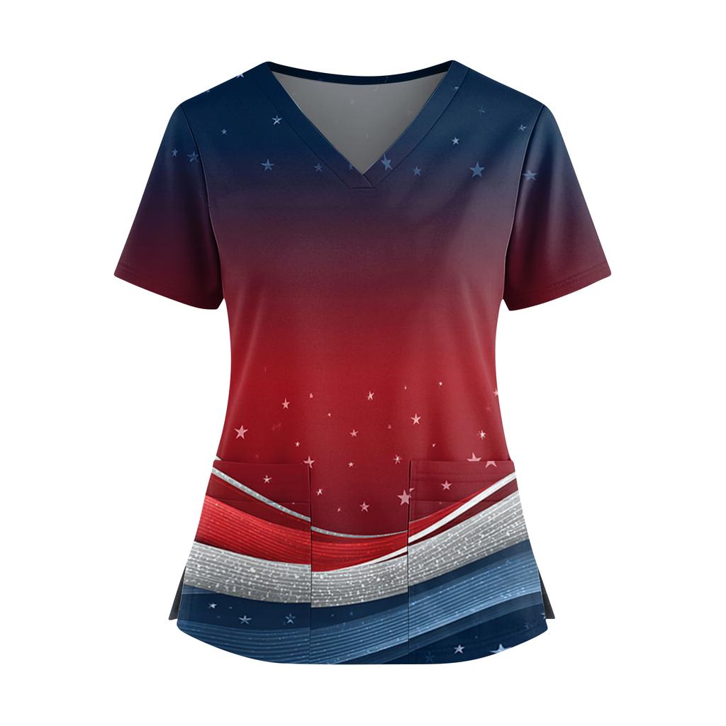 Women's Independence Day Print V-Neck Double Pocket Short Sleeve Uniform with Slit Hem - Caregiver Top