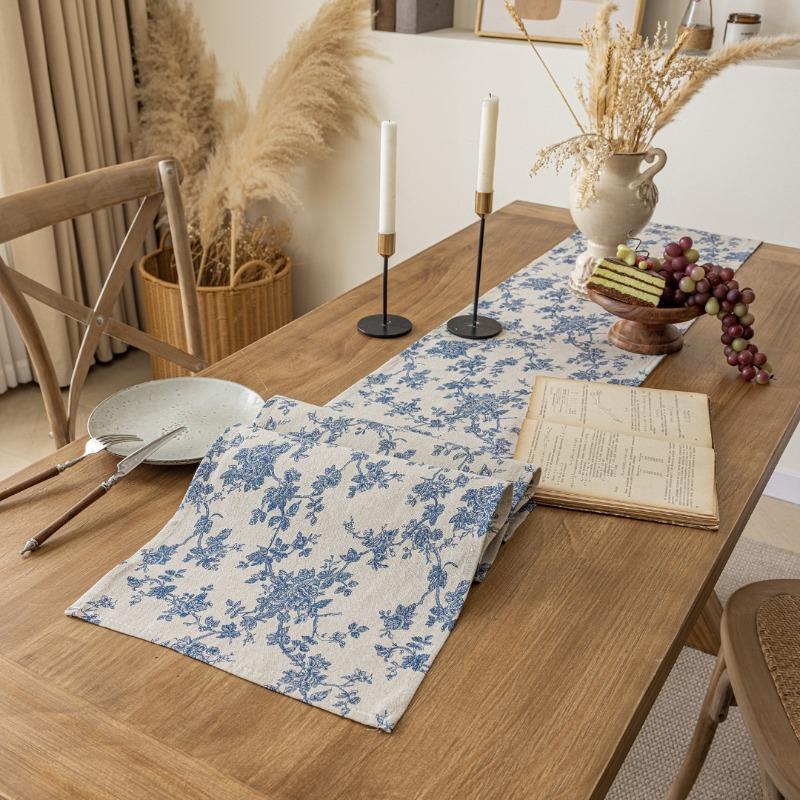 French Country Blue Floral Table Runner Vintage Stripe Print Runner Dining Table Kitchen Decor Dustproof Easy To Clean Rectangular Table Flag