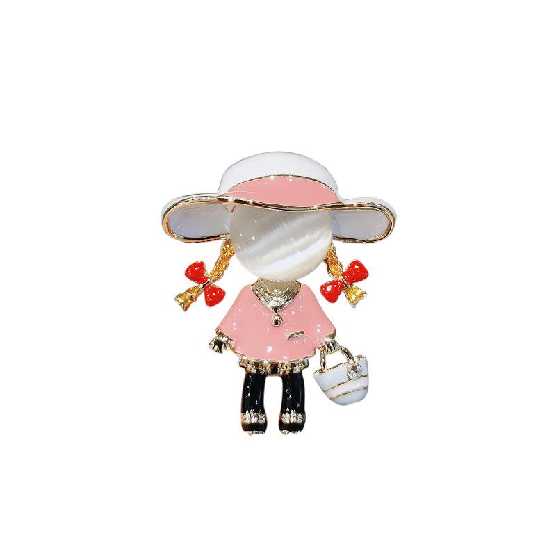 Mädchen mit rosa Hut Cartoon Niedlich Blendschutz Brosche, High-End, Leichter Luxus, Individuelle und Nischen-Brosche