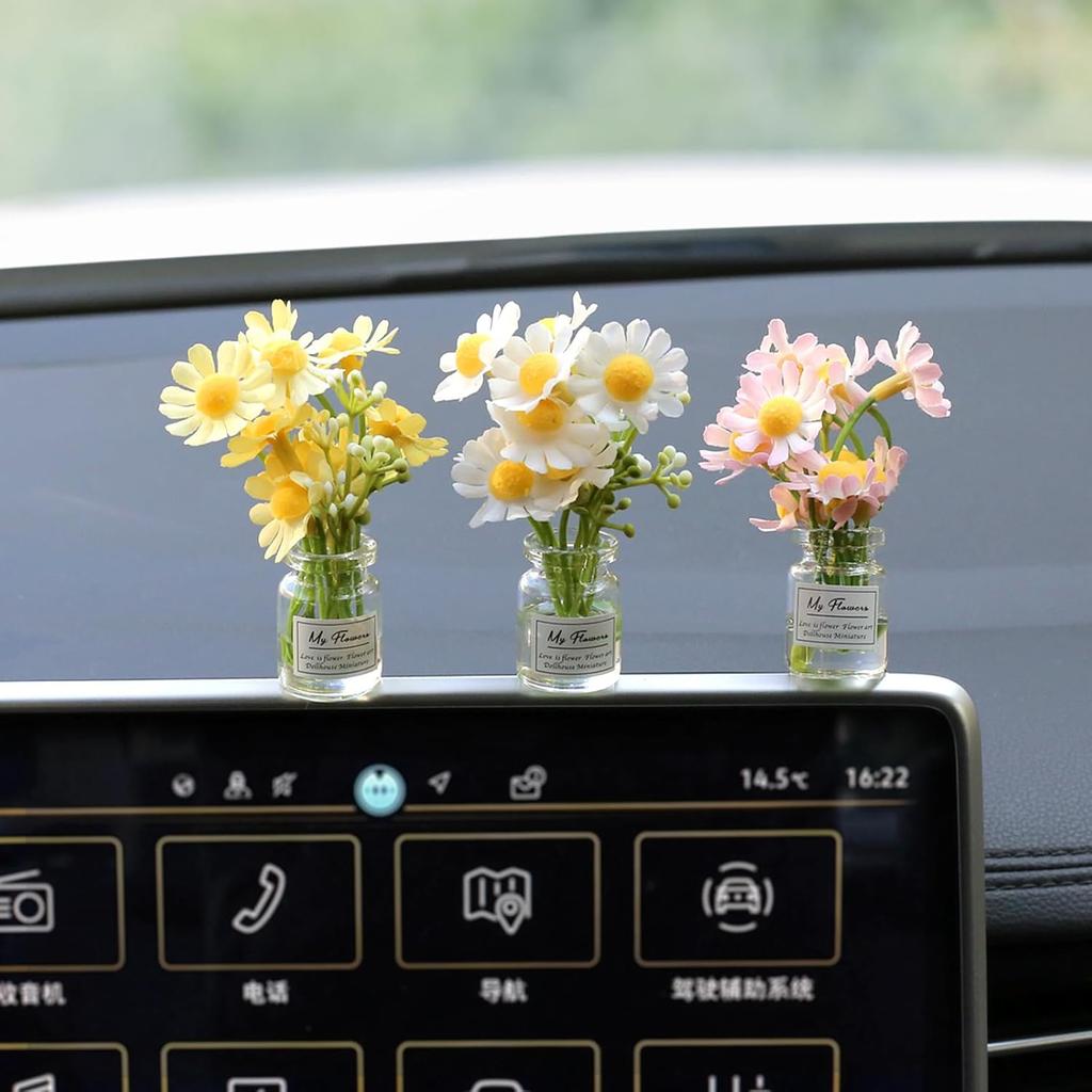 Daisy Flower Car Accessories for Women Interior Aesthetic, 3 Pcs Daisy Cute Car Dashboard Decorations