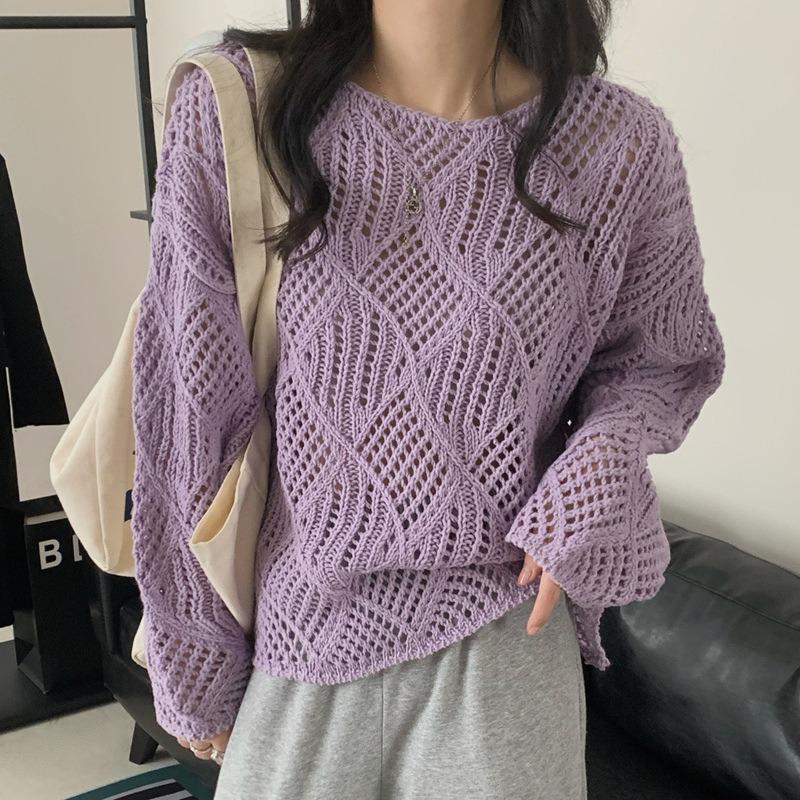 Skeleton Knit Sweater Women's Spring Summer and Autumn Solid Colour Grid Lazy Bottoming Sunscreen Cover-ups