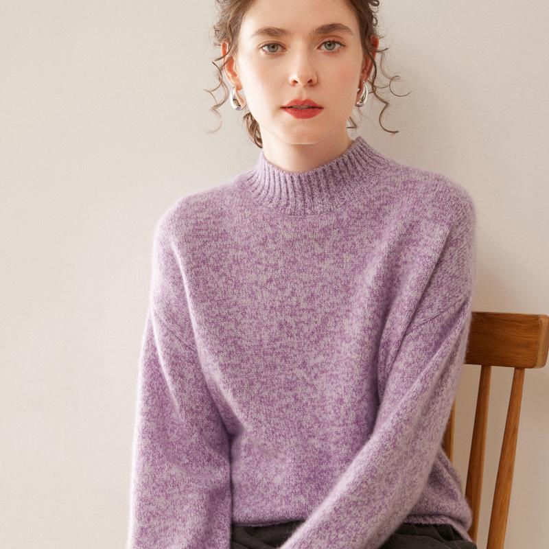 2025 Autumn/Winter Women's Mélange Yarn Cashmere Sweater, Half-High Neck, Loose Knit, Plus Size, Versatile Top