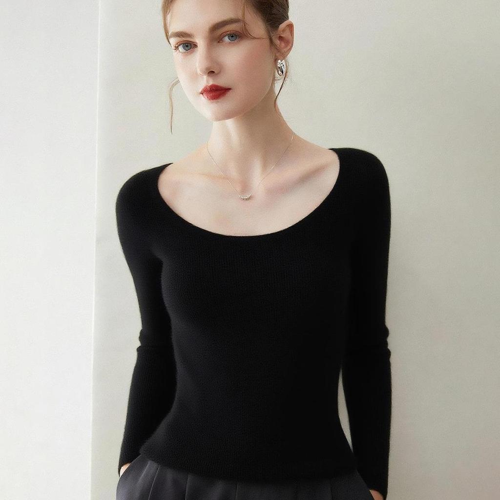 Women's Slim-Fit U-Neck 100% Cashmere Sweater - Low Round Neck Knit Base Layer