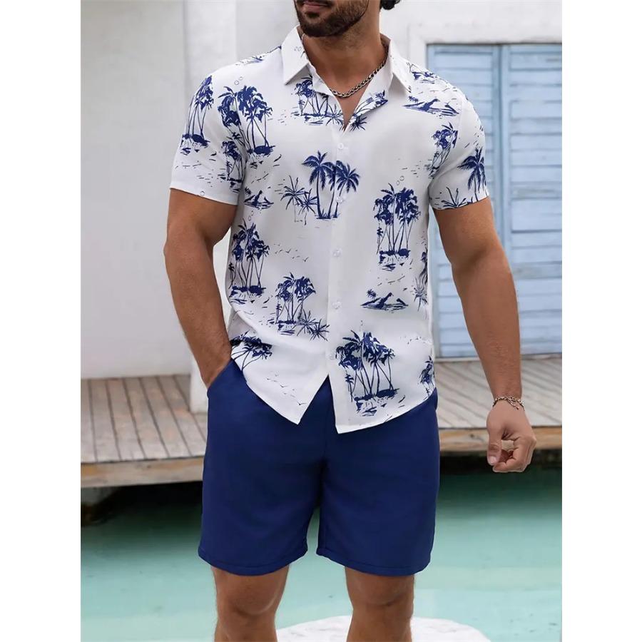 Hawaiian Men's Shirt Set 3D Printed Short-Sleeve Shirt Set Summer Beach Collared Two-Piece Shirt