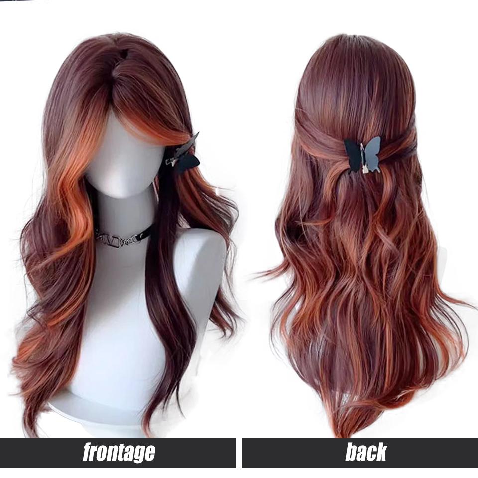 Red Fox Highlights Long Synthetic Wig Female Lolita Daily Red-brown Highlights Dirty Orange Bangs Big Wave Party Wig