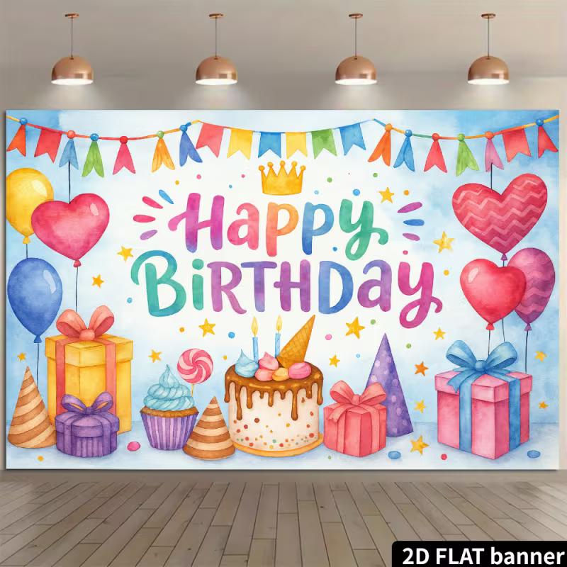 2D Watercolor Happy Birthday Backdrop with Cupcake and Balloons Party Banner