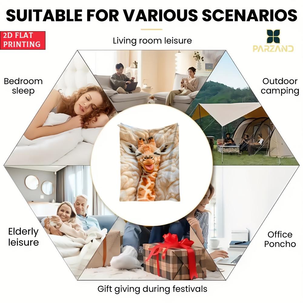 1pc 2D Flat Cute Furry Giraffe Print Portable Flannel Blanket Lightweight Warm Throw For Travel Camping Sofa Bed Office Decor