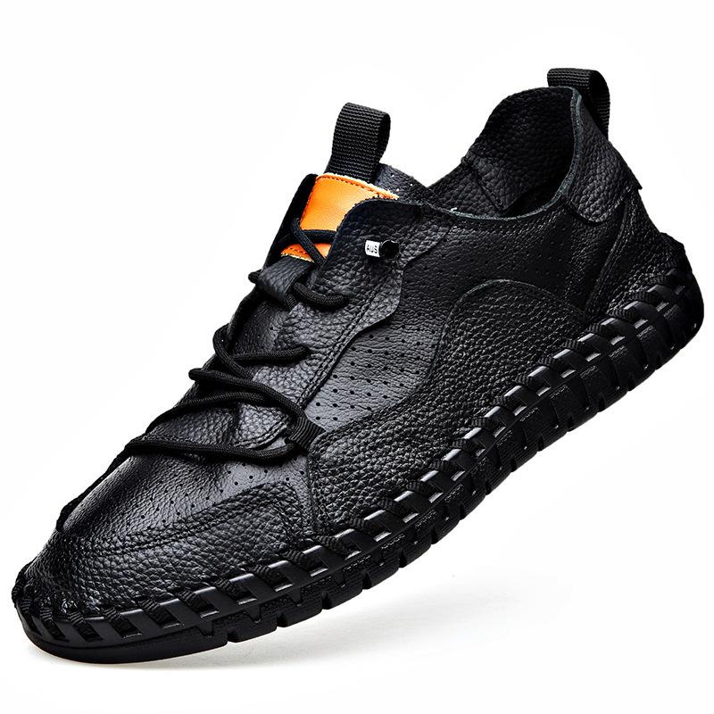 2025 new hollow first layer cowhide men's small leather shoes breathable soft-soled Doudou shoes glue-free hand-sewn shoes