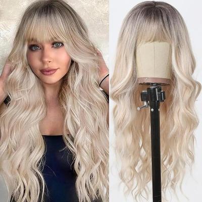 EASIHAIR Ash Brown Highlight Synthetic Wigs Long Wavy Wig With Bangs for Women Ombre Mixed Color Daily Use Wig Heat Resistant