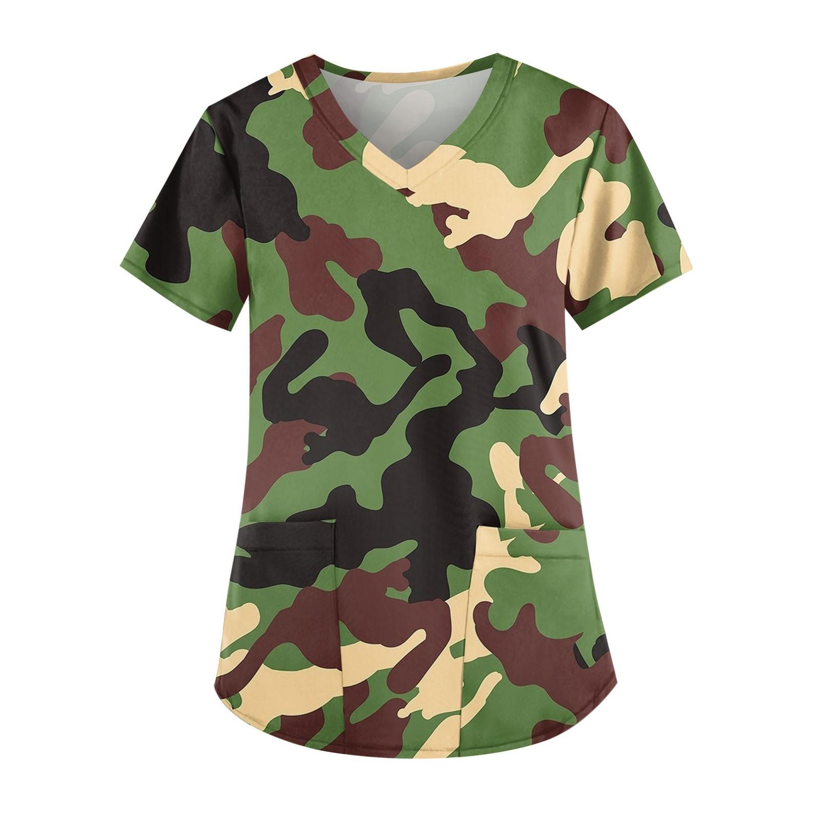 

Women s Fashion V-Neck Casual Camouflage Printed Tops With Pockets Workwear XXL зелений