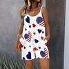 Womens Sleeveless Spaghetti Strap Romper Star Flag Print Pocket Short Jumpsuit