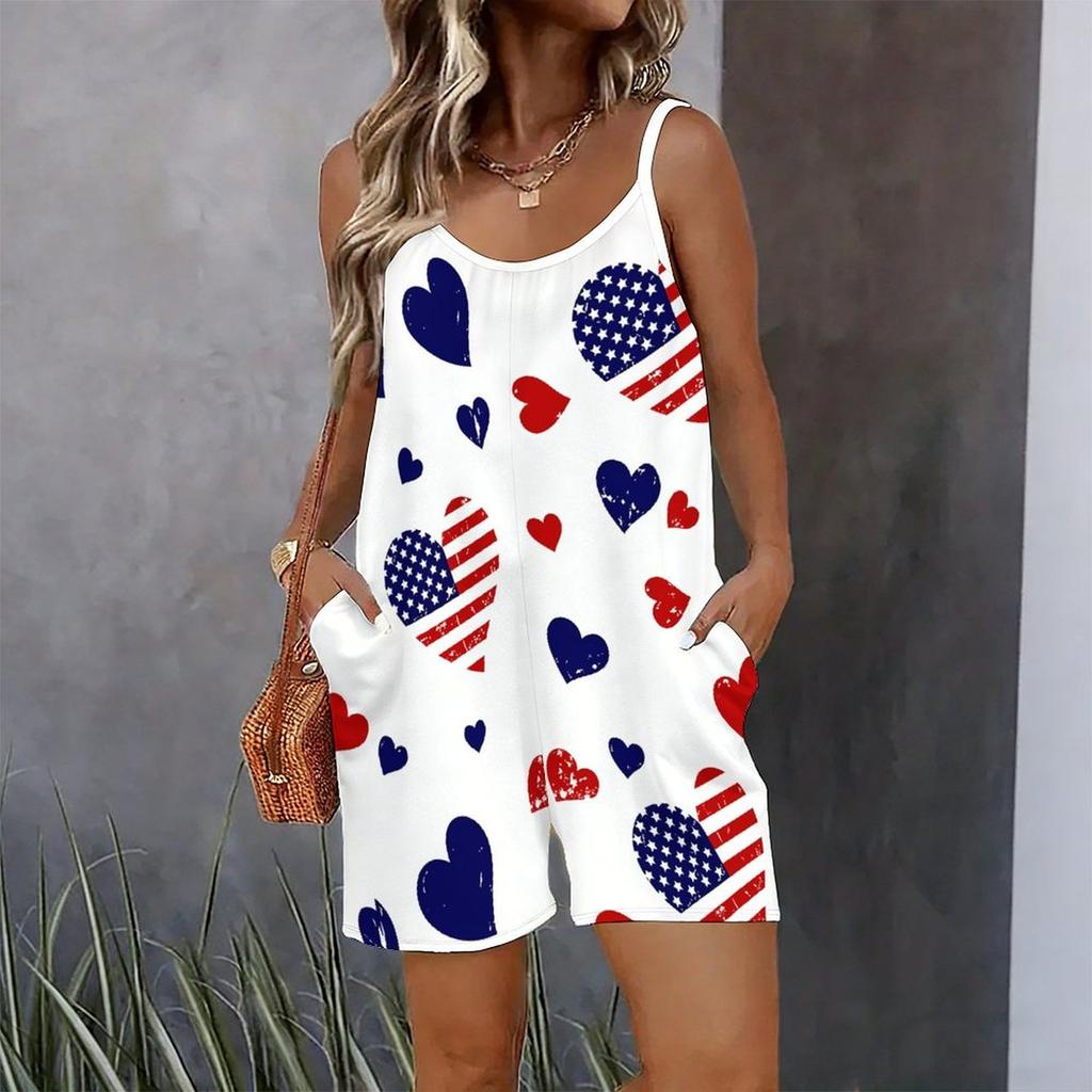 Womens Sleeveless Spaghetti Strap Romper Star Flag Print Pocket Short Jumpsuit