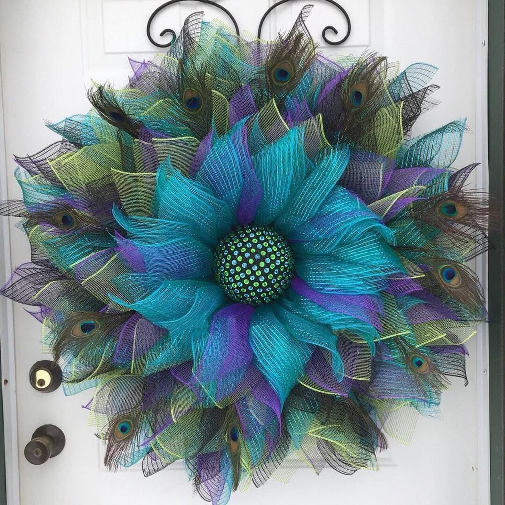 Peacock Feather Wreath Festive Event Decor Natural Materials Seasonal Home Decor