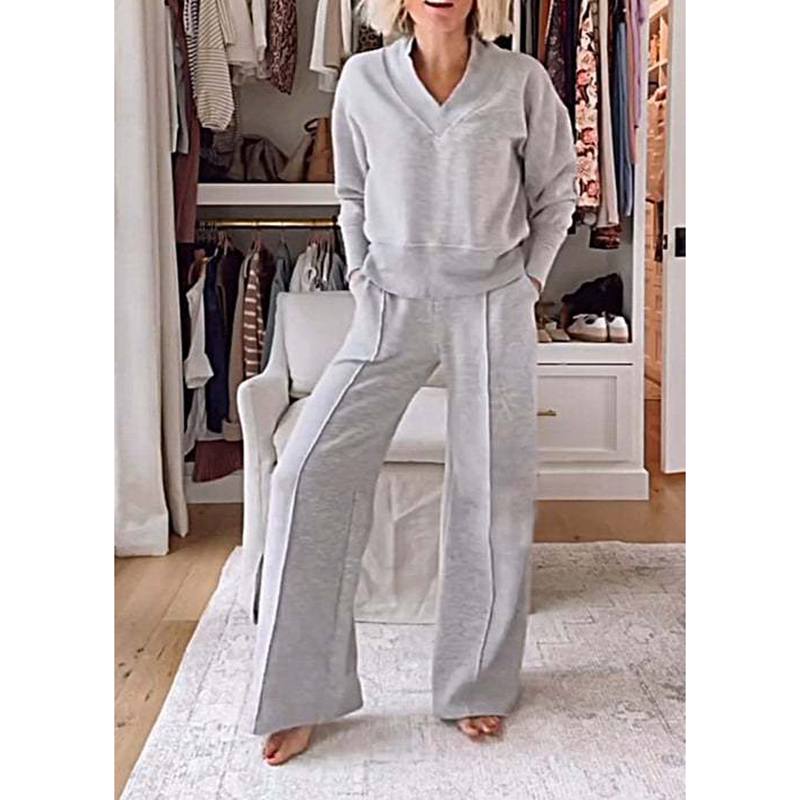Women's Autumn  Winter Casual V-neck Long-sleeved Loose Top and Wide-leg Pants Two-piece Suit