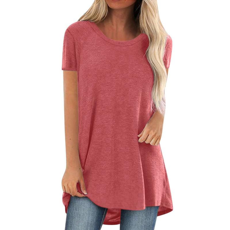 Women's Solid Color V-Neck Short Sleeve Longline T-Shirt Casual Loose Fit Summer Basic Tee Top Plus Size S-5XL