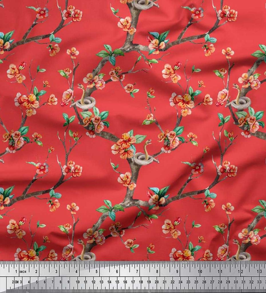 Soimoi Japonská krepová saténová látka Had, listy a květy, květinový potisk v metrech 42 palců
