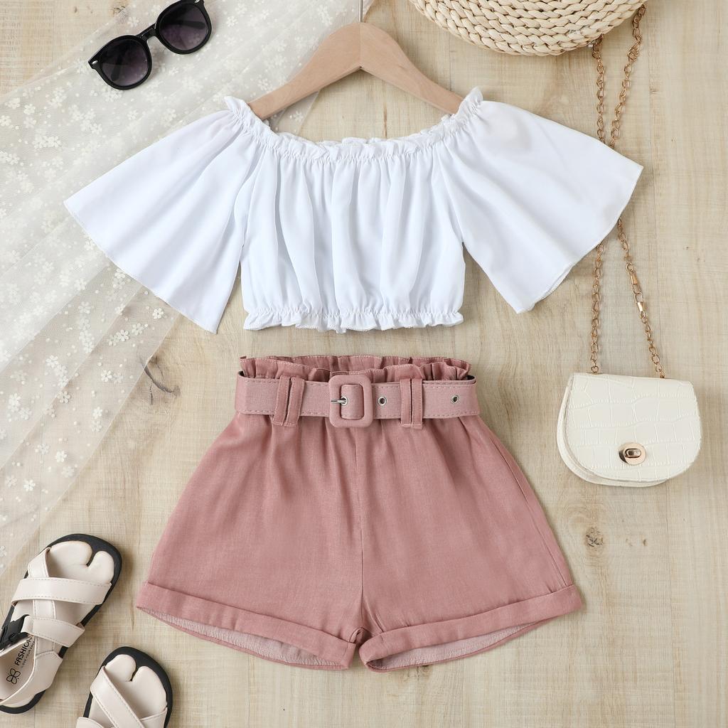 Sommer Kinder Mode Set, Einfarbiger Pullover mit ausgestellten Ärmeln, High-Waist Shorts, Kinder Set