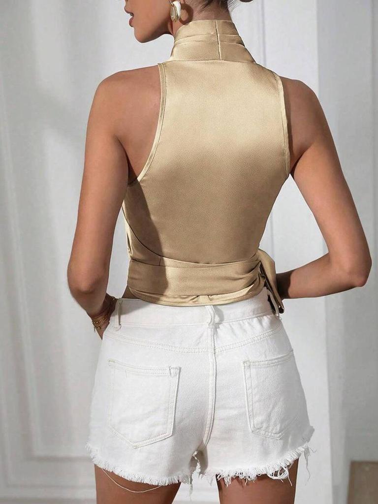 Dames Satin Wrap Top met Halternek - Lente/Zomer Mouwloos Strik