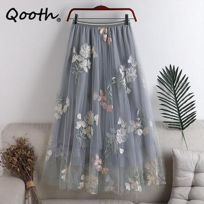 Women Embroidery Flower Tulle Gauze Skirt Elegant Sweet Midi Floral Mesh Skirt For All Season QT2185