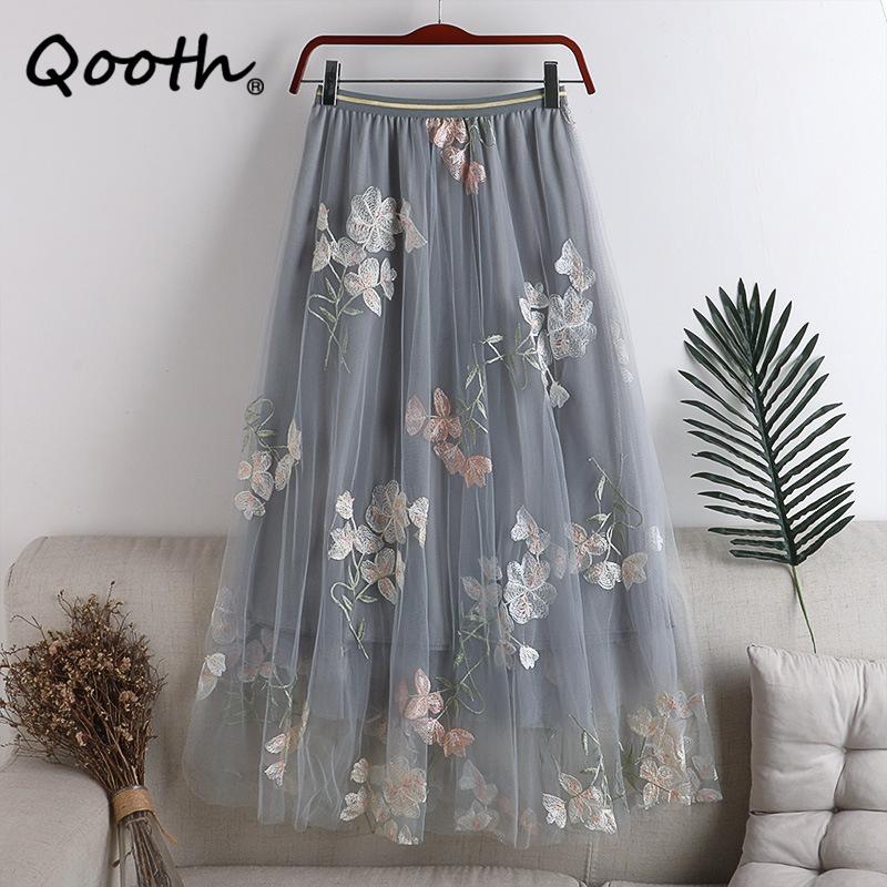 Qooth Women Embroidery Flower Tulle Gauze Skirt Elegant Sweet Midi Floral Mesh Skirt For All Season QT2185