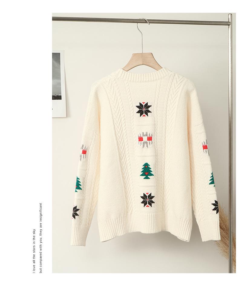 Bai Lu Style European Fashion White Jacquard Loose Knit Sweater for Women, Long Sleeve, Spring