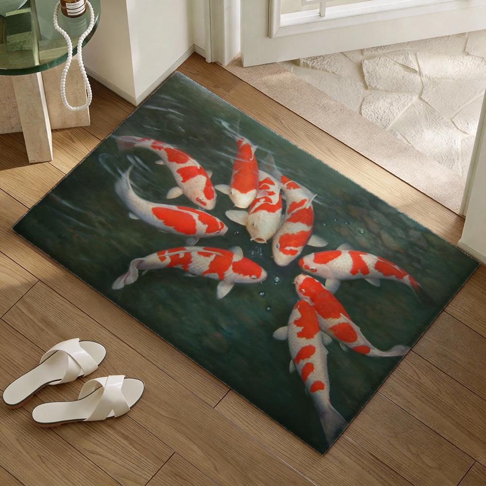 Koi-Fische, die Ihnen Glück bringen Bodenteppich Weiche Flanell-Tür Matte Rutschfest - Verdickter Teppich für Wohnzimmer Heimdekoration
